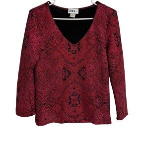 JBS LTD Red Black Shimmer Top Size Small V Neck Long Sleeve Stretchy